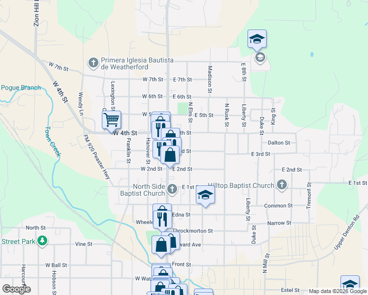 map of restaurants, bars, coffee shops, grocery stores, and more near 1111 North Elm Street in Weatherford