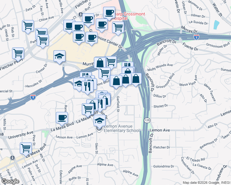 map of restaurants, bars, coffee shops, grocery stores, and more near 8870 La Mesa Boulevard in La Mesa