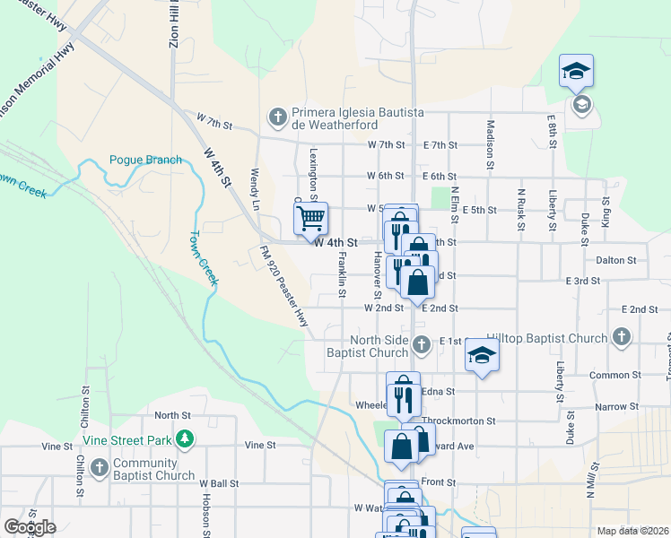map of restaurants, bars, coffee shops, grocery stores, and more near 309 West 3rd Street in Weatherford
