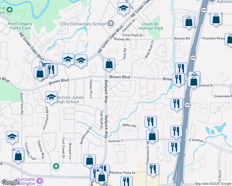 map of restaurants, bars, coffee shops, grocery stores, and more near 16 Los Robles Street in Arlington