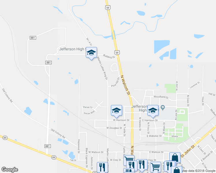 map of restaurants, bars, coffee shops, grocery stores, and more near 1303 Martin Luther King Drive in Jefferson