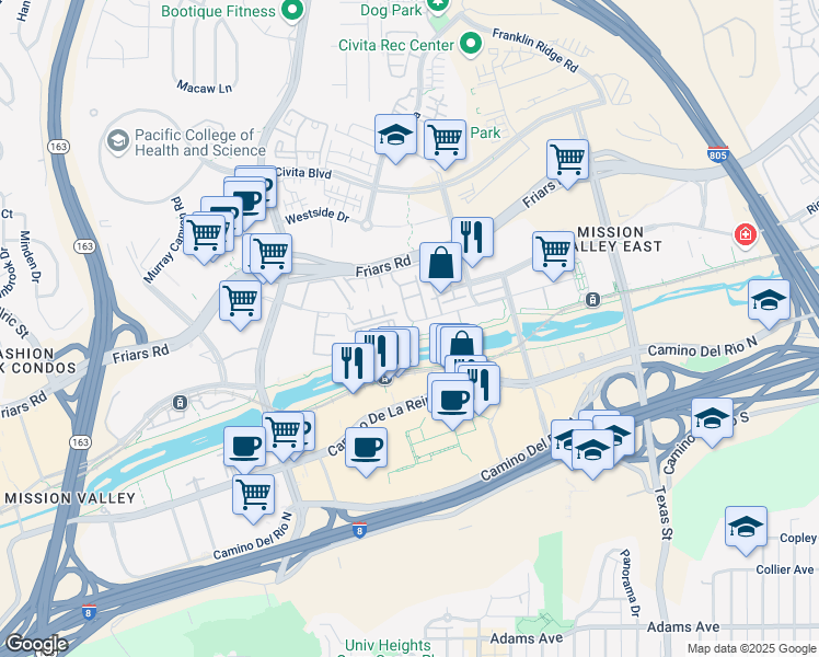 map of restaurants, bars, coffee shops, grocery stores, and more near 8211 Station Village Lane in San Diego