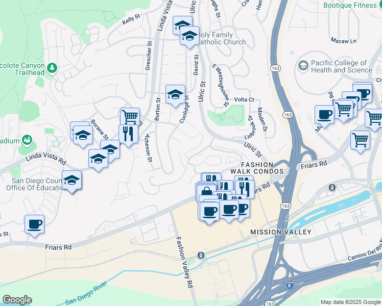 map of restaurants, bars, coffee shops, grocery stores, and more near 6923 Camino Pacheco in San Diego