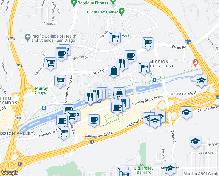 map of restaurants, bars, coffee shops, grocery stores, and more near 8211 Station Village Lane in San Diego