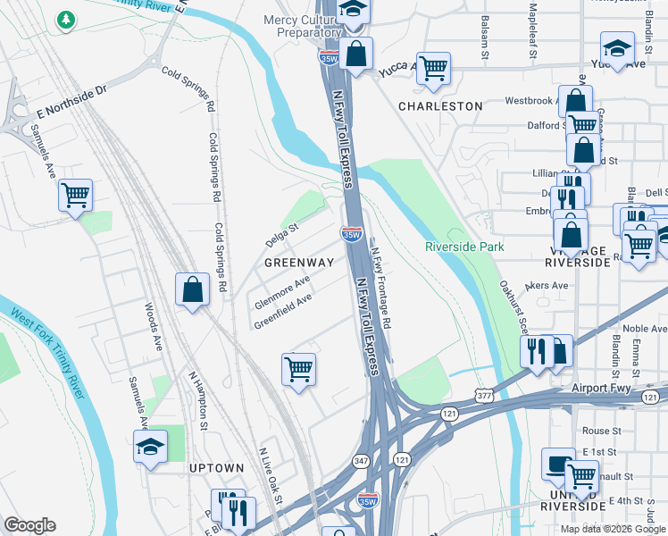 map of restaurants, bars, coffee shops, grocery stores, and more near 1932 Greenfield Avenue in Fort Worth