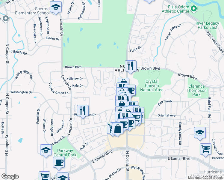 map of restaurants, bars, coffee shops, grocery stores, and more near 707 Woodard Way in Arlington