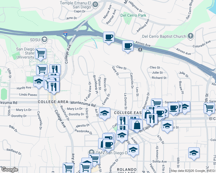 map of restaurants, bars, coffee shops, grocery stores, and more near 5150 Ewing Street in San Diego