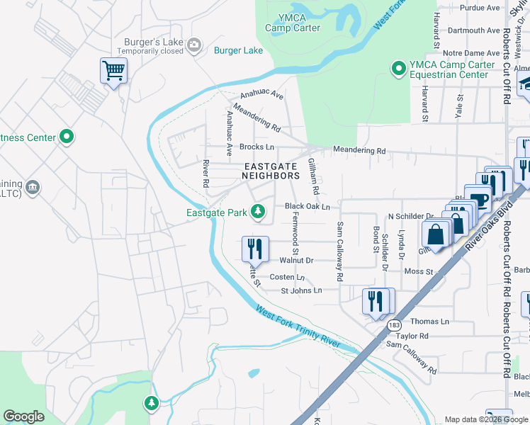 map of restaurants, bars, coffee shops, grocery stores, and more near 652 River Garden Drive in Fort Worth