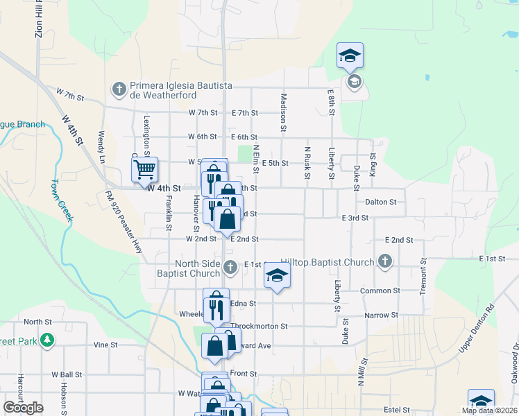 map of restaurants, bars, coffee shops, grocery stores, and more near 1111 North Elm Street in Weatherford