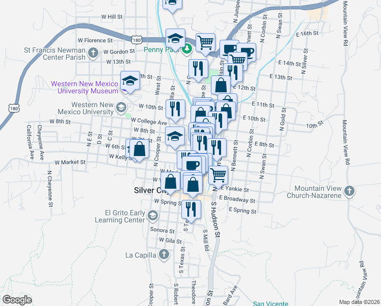 map of restaurants, bars, coffee shops, grocery stores, and more near 500 North Arizona Street in Silver City