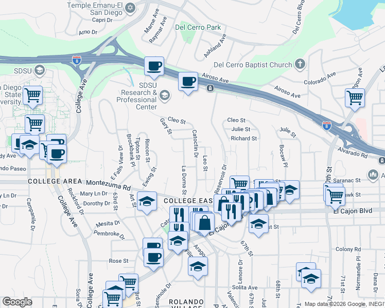 map of restaurants, bars, coffee shops, grocery stores, and more near 5154 Catoctin Drive in San Diego
