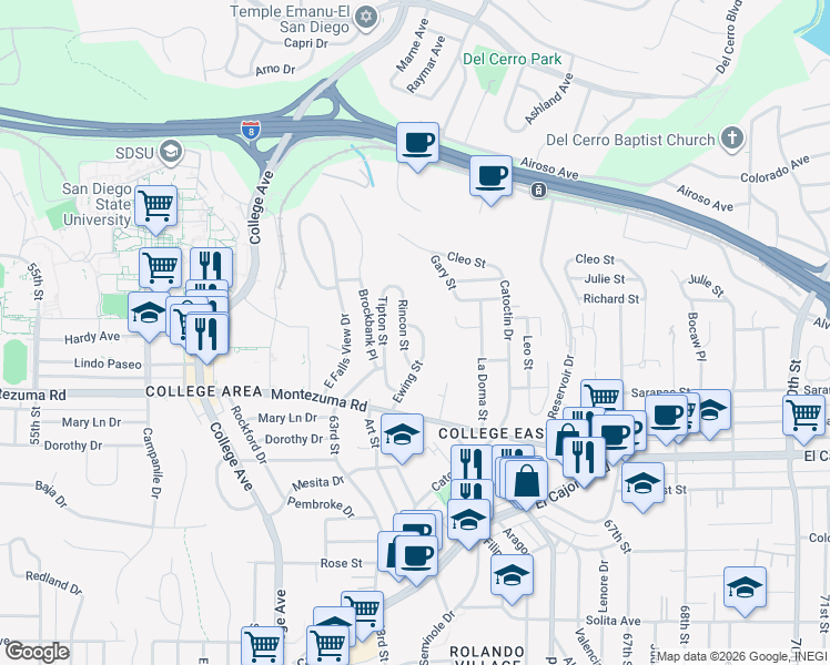 map of restaurants, bars, coffee shops, grocery stores, and more near 5150 Ewing Street in San Diego
