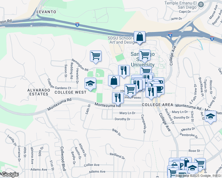 map of restaurants, bars, coffee shops, grocery stores, and more near 5200 55th Street in San Diego