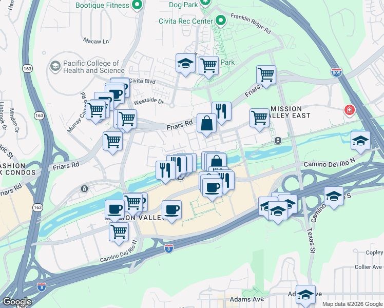 map of restaurants, bars, coffee shops, grocery stores, and more near 8211 Station Village Lane in San Diego