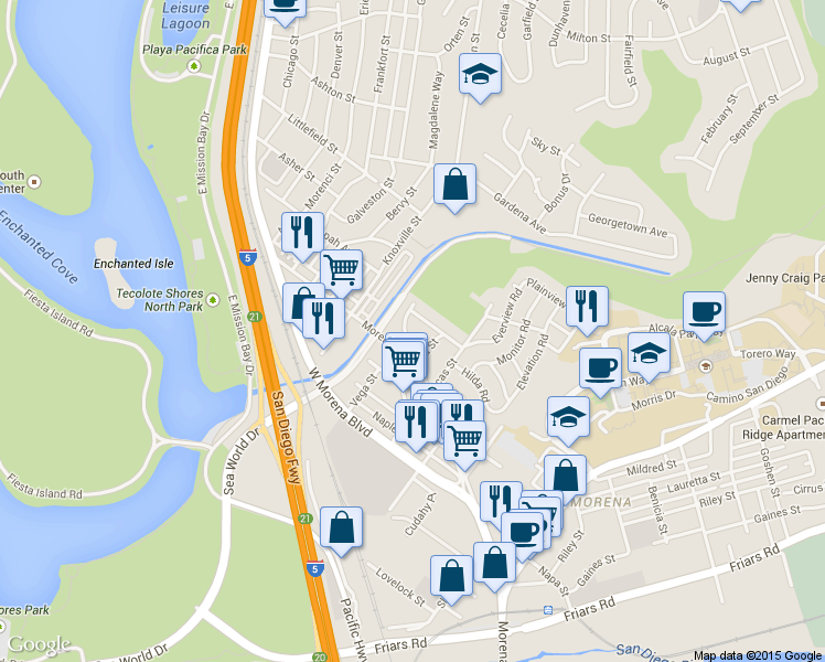 map of restaurants, bars, coffee shops, grocery stores, and more near 1308 Viola Street in San Diego