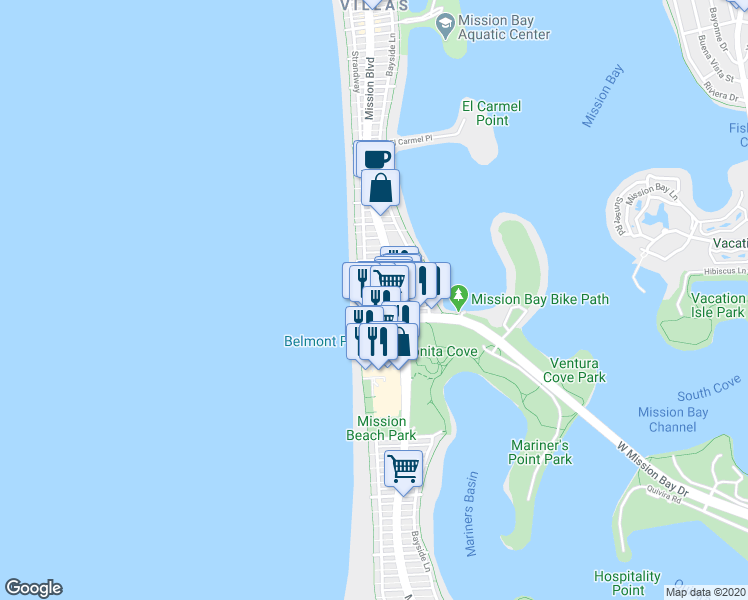 map of restaurants, bars, coffee shops, grocery stores, and more near in San Diego