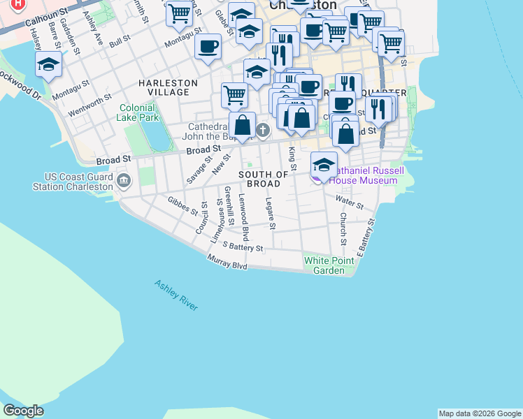 map of restaurants, bars, coffee shops, grocery stores, and more near 9 Gibbes Street in Charleston