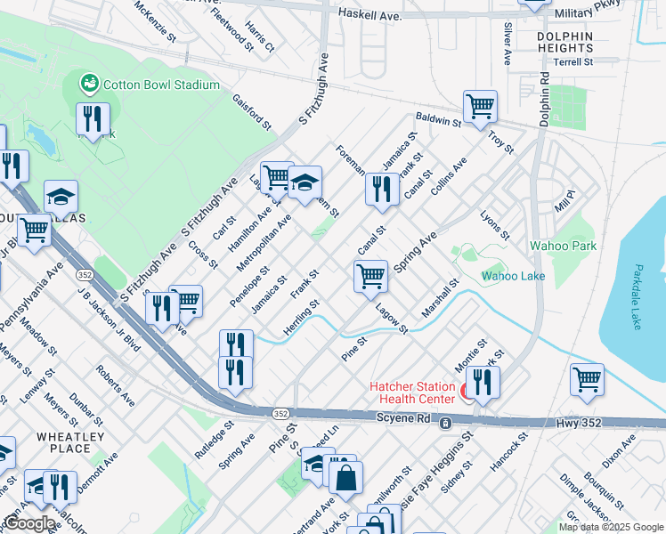 map of restaurants, bars, coffee shops, grocery stores, and more near 2610 Gertrude Avenue in Dallas