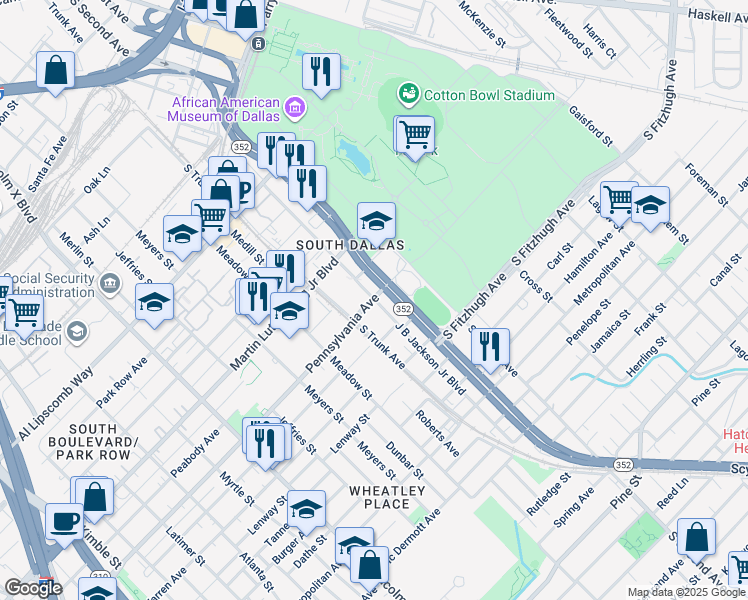 map of restaurants, bars, coffee shops, grocery stores, and more near 1725 J B Jackson Junior Boulevard in Dallas