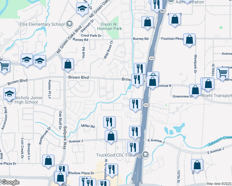 map of restaurants, bars, coffee shops, grocery stores, and more near 2305 Forest Oaks Circle in Arlington