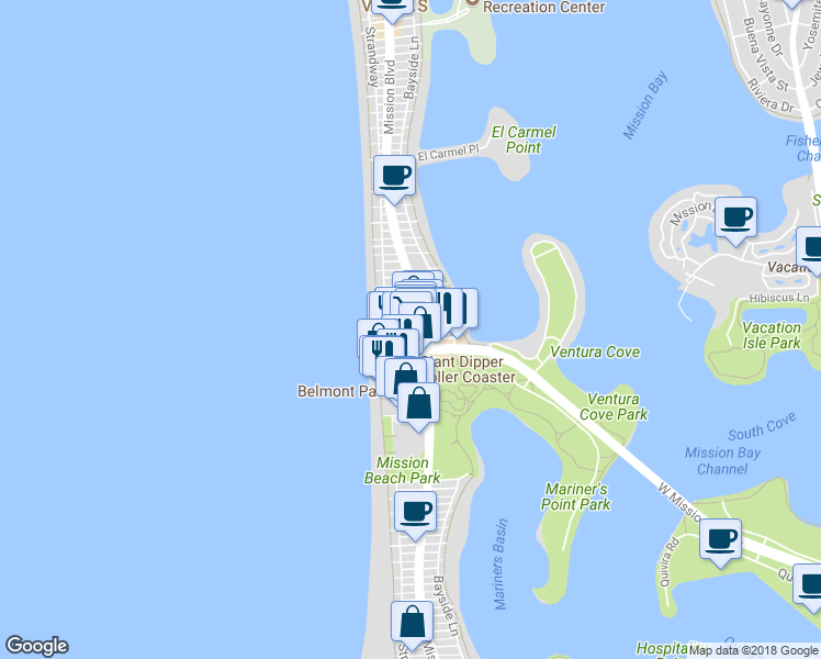 map of restaurants, bars, coffee shops, grocery stores, and more near 750 Island Court in San Diego