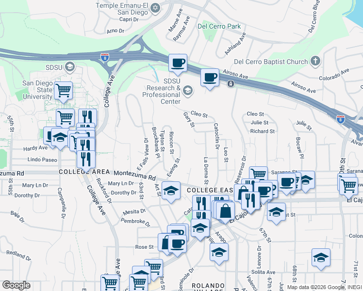 map of restaurants, bars, coffee shops, grocery stores, and more near 5173 Ewing Street in San Diego