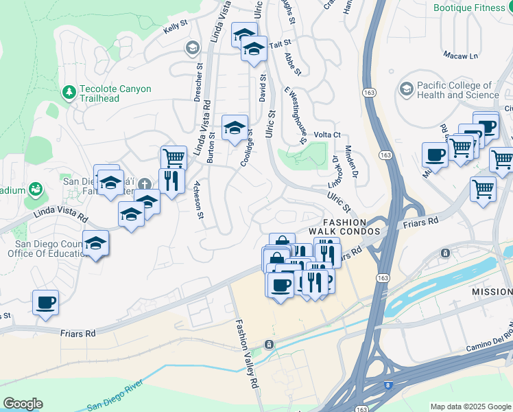 map of restaurants, bars, coffee shops, grocery stores, and more near 6923 Camino Pacheco in San Diego