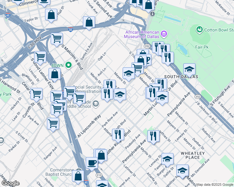 map of restaurants, bars, coffee shops, grocery stores, and more near in Dallas