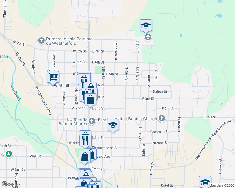 map of restaurants, bars, coffee shops, grocery stores, and more near 216 East 3rd Street in Weatherford