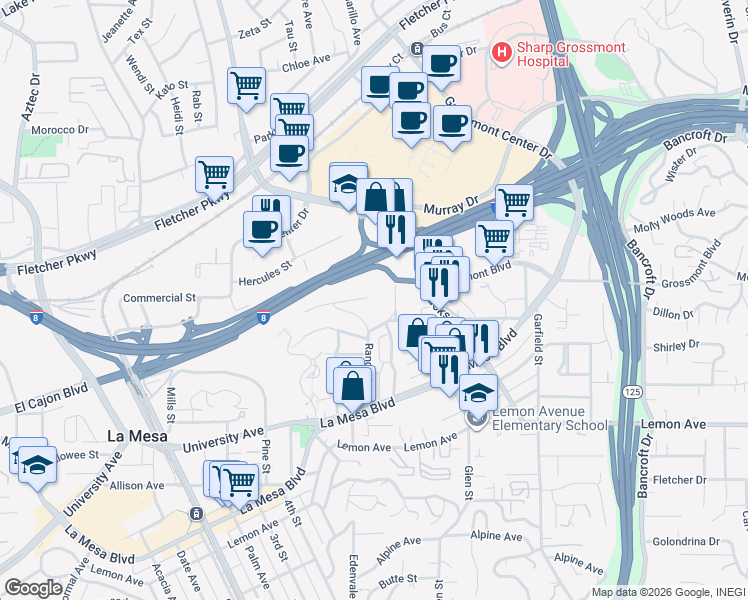 map of restaurants, bars, coffee shops, grocery stores, and more near 8561 Tio Diego Place in La Mesa
