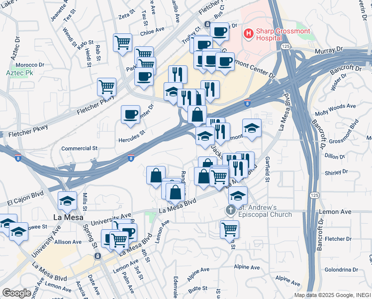map of restaurants, bars, coffee shops, grocery stores, and more near 8561 Tio Diego Place in La Mesa