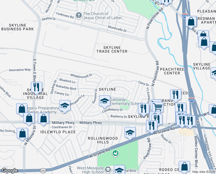map of restaurants, bars, coffee shops, grocery stores, and more near 308 Clary Drive in Mesquite