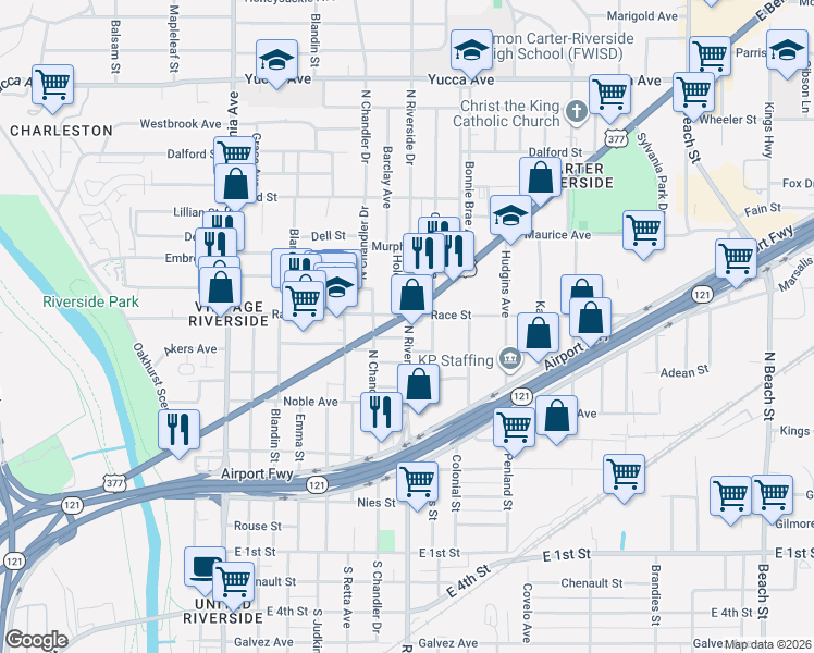 map of restaurants, bars, coffee shops, grocery stores, and more near 601 North Riverside Drive in Fort Worth