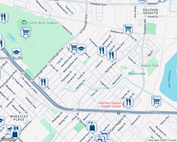 map of restaurants, bars, coffee shops, grocery stores, and more near 4114 Frank Street in Dallas