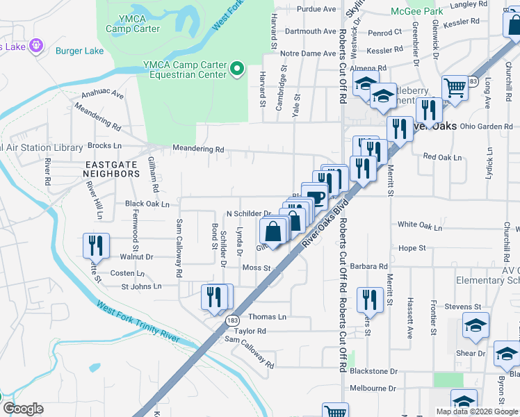 map of restaurants, bars, coffee shops, grocery stores, and more near 5616 Black Oak Lane in River Oaks