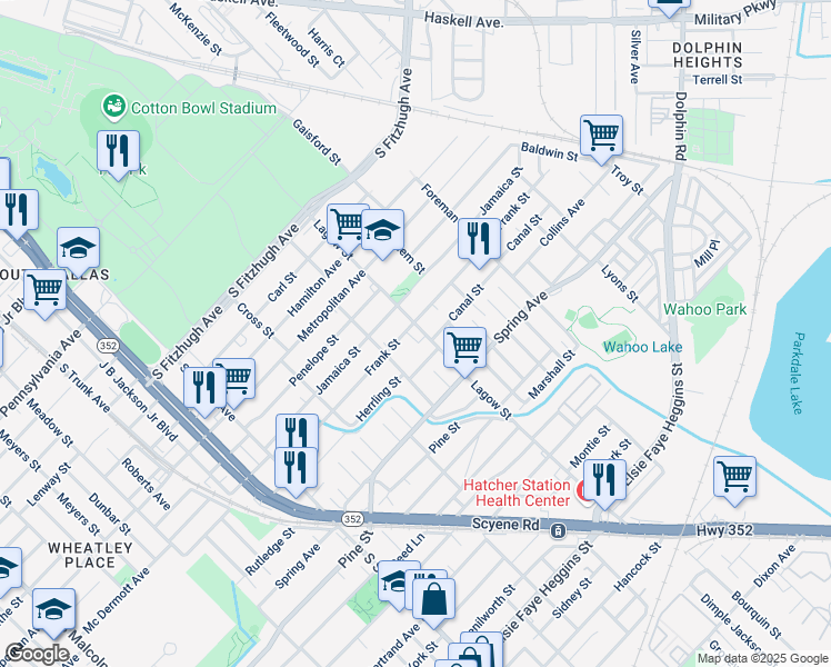 map of restaurants, bars, coffee shops, grocery stores, and more near 4114 Frank Street in Dallas