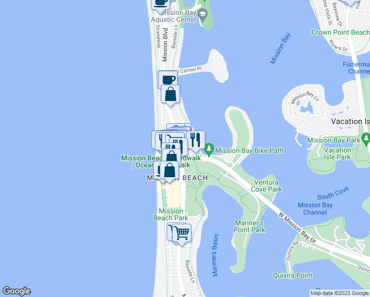 map of restaurants, bars, coffee shops, grocery stores, and more near 822 Island Court in San Diego