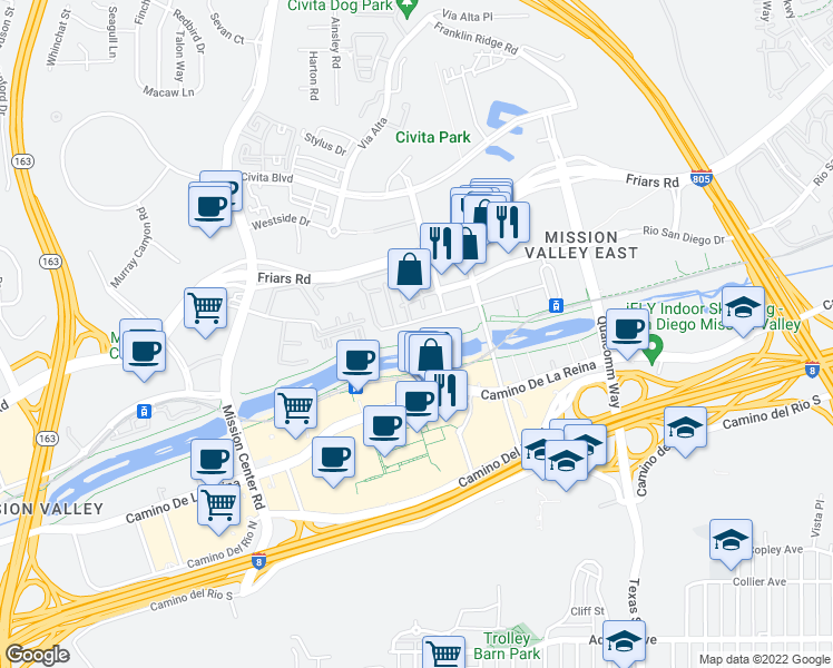 map of restaurants, bars, coffee shops, grocery stores, and more near 8233 Station Village Lane in San Diego