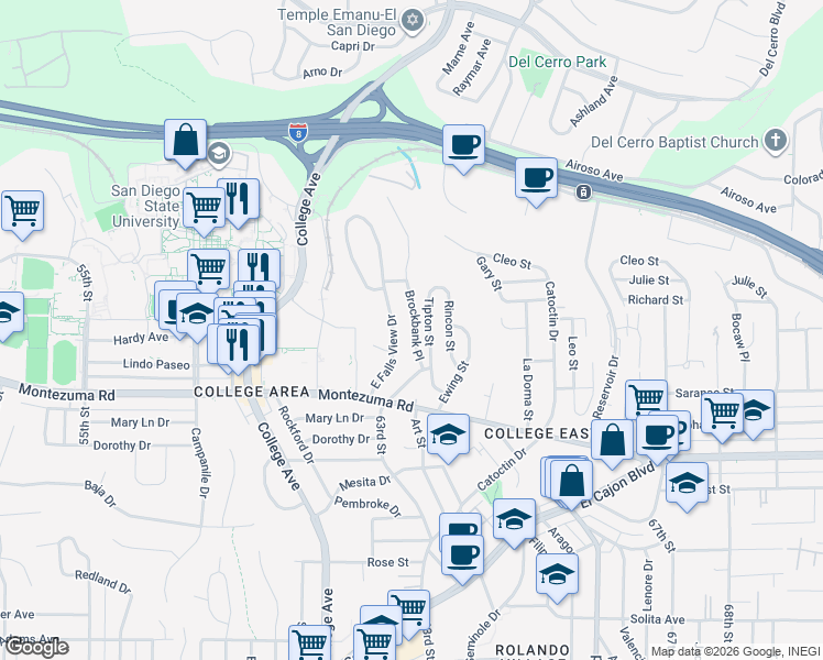 map of restaurants, bars, coffee shops, grocery stores, and more near 5230 Tipton Street in San Diego
