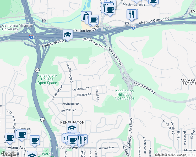 map of restaurants, bars, coffee shops, grocery stores, and more near 5208 Caminito Solitario in San Diego