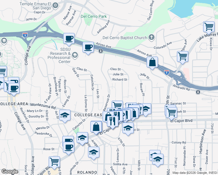 map of restaurants, bars, coffee shops, grocery stores, and more near 5204 Lenore Drive in San Diego