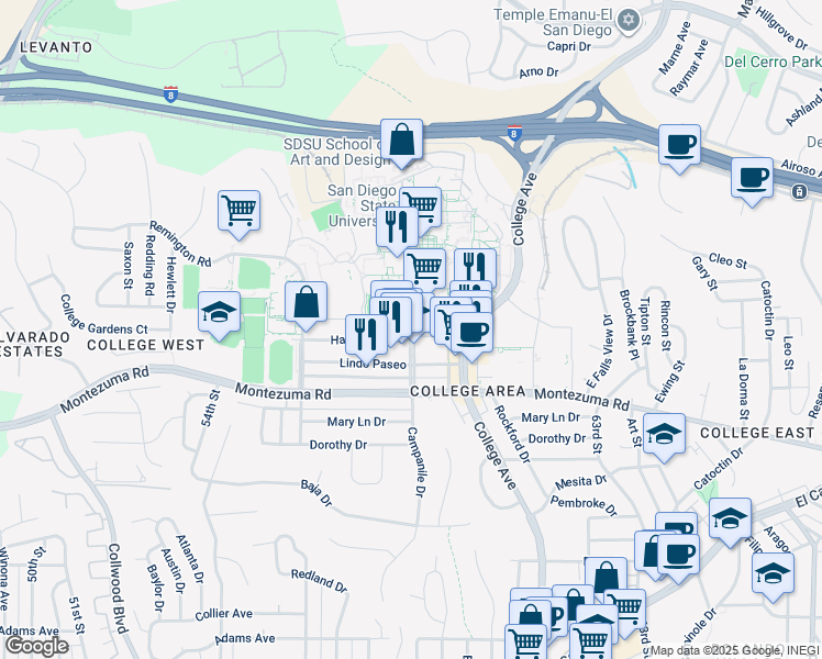 map of restaurants, bars, coffee shops, grocery stores, and more near in San Diego