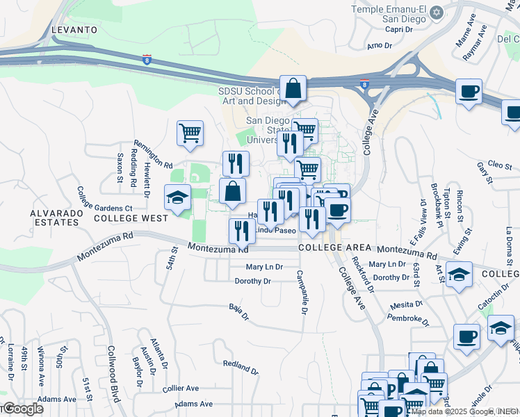 map of restaurants, bars, coffee shops, grocery stores, and more near 5585 Aztec Walk in San Diego