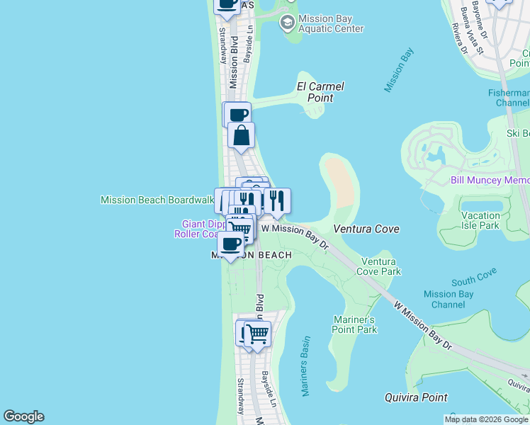map of restaurants, bars, coffee shops, grocery stores, and more near 837 Jamaica Court in San Diego