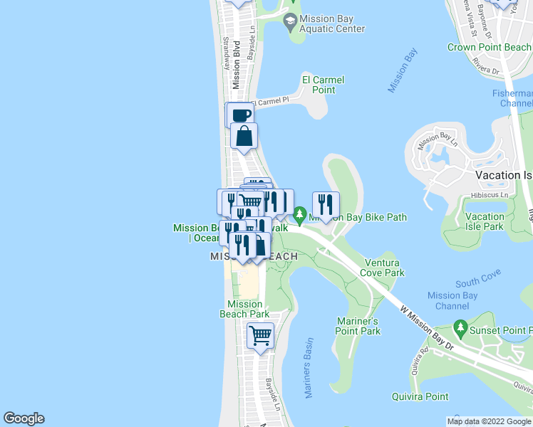 map of restaurants, bars, coffee shops, grocery stores, and more near 837 Jamaica Court in San Diego