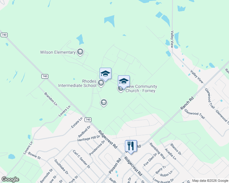 map of restaurants, bars, coffee shops, grocery stores, and more near 215 Freedom Tr in Forney