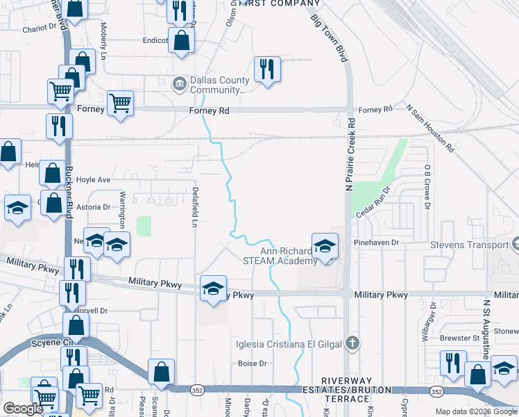 map of restaurants, bars, coffee shops, grocery stores, and more near 4000 South Buckner Boulevard in Dallas