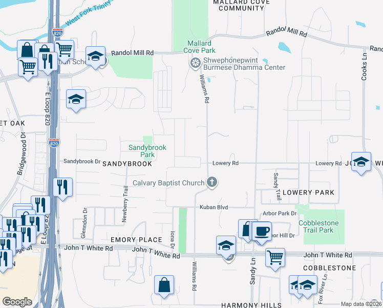 map of restaurants, bars, coffee shops, grocery stores, and more near 416 Williams Road in Fort Worth