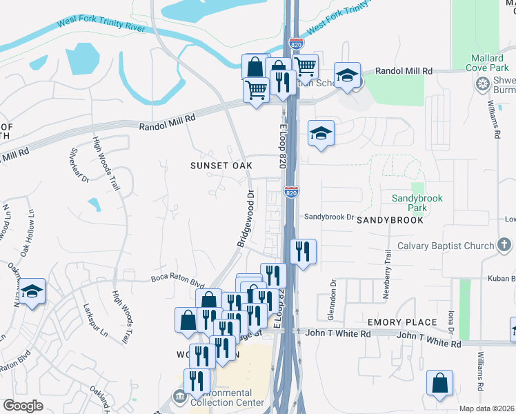 map of restaurants, bars, coffee shops, grocery stores, and more near 412 Signal Hill Court North in Fort Worth