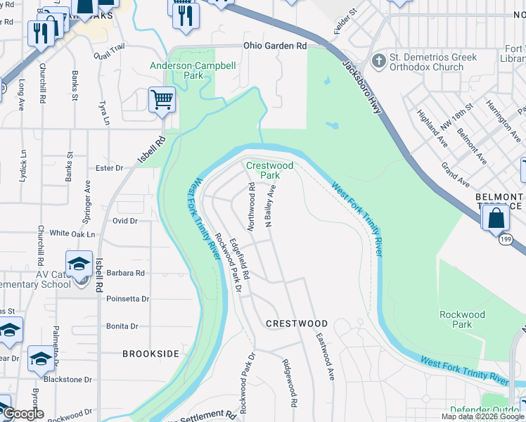map of restaurants, bars, coffee shops, grocery stores, and more near 848 North Bailey Avenue in Fort Worth